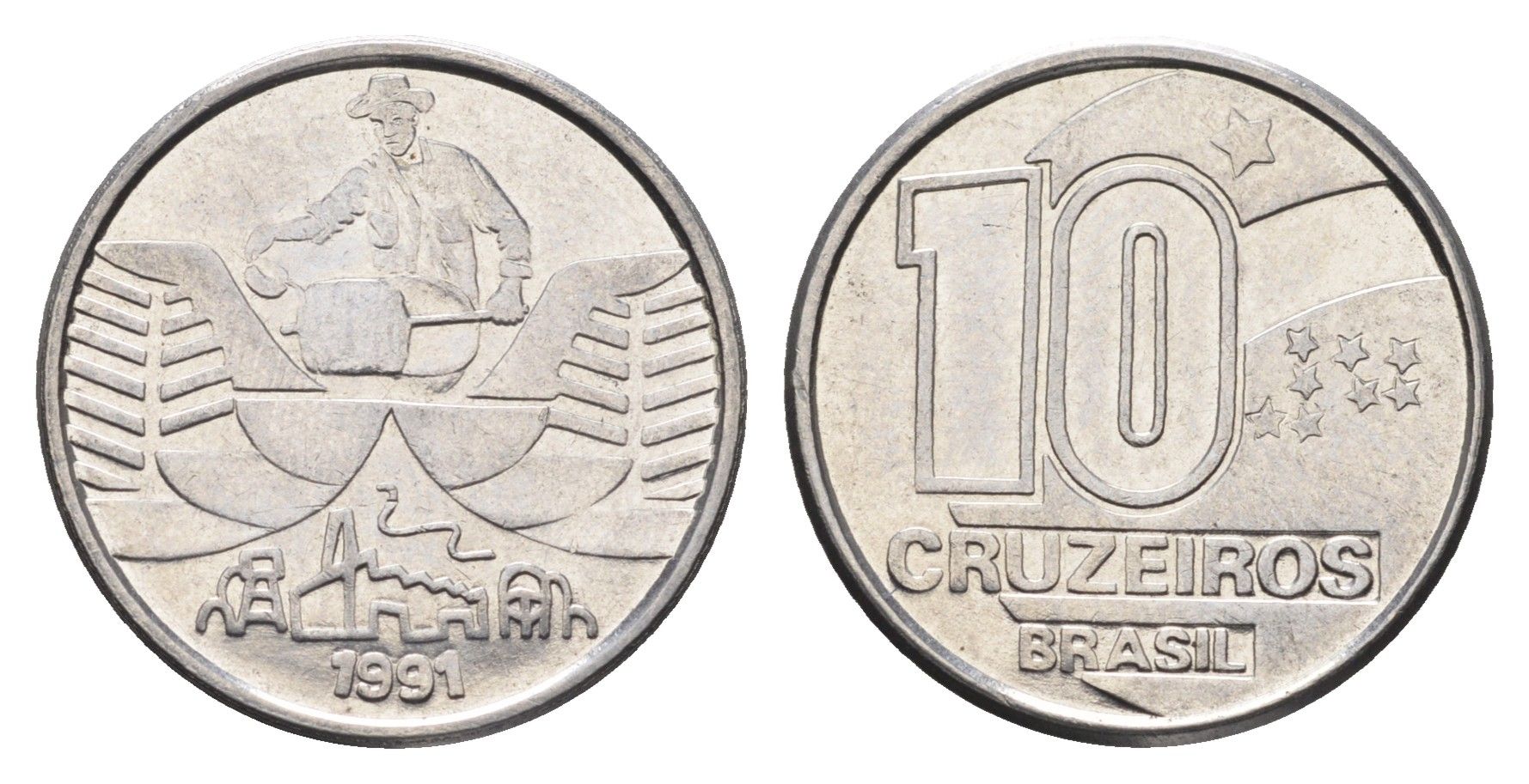 Бразилия 10 крузейро 1991 золотодобыча KM 619 нержавеющая сталь 4663-552
