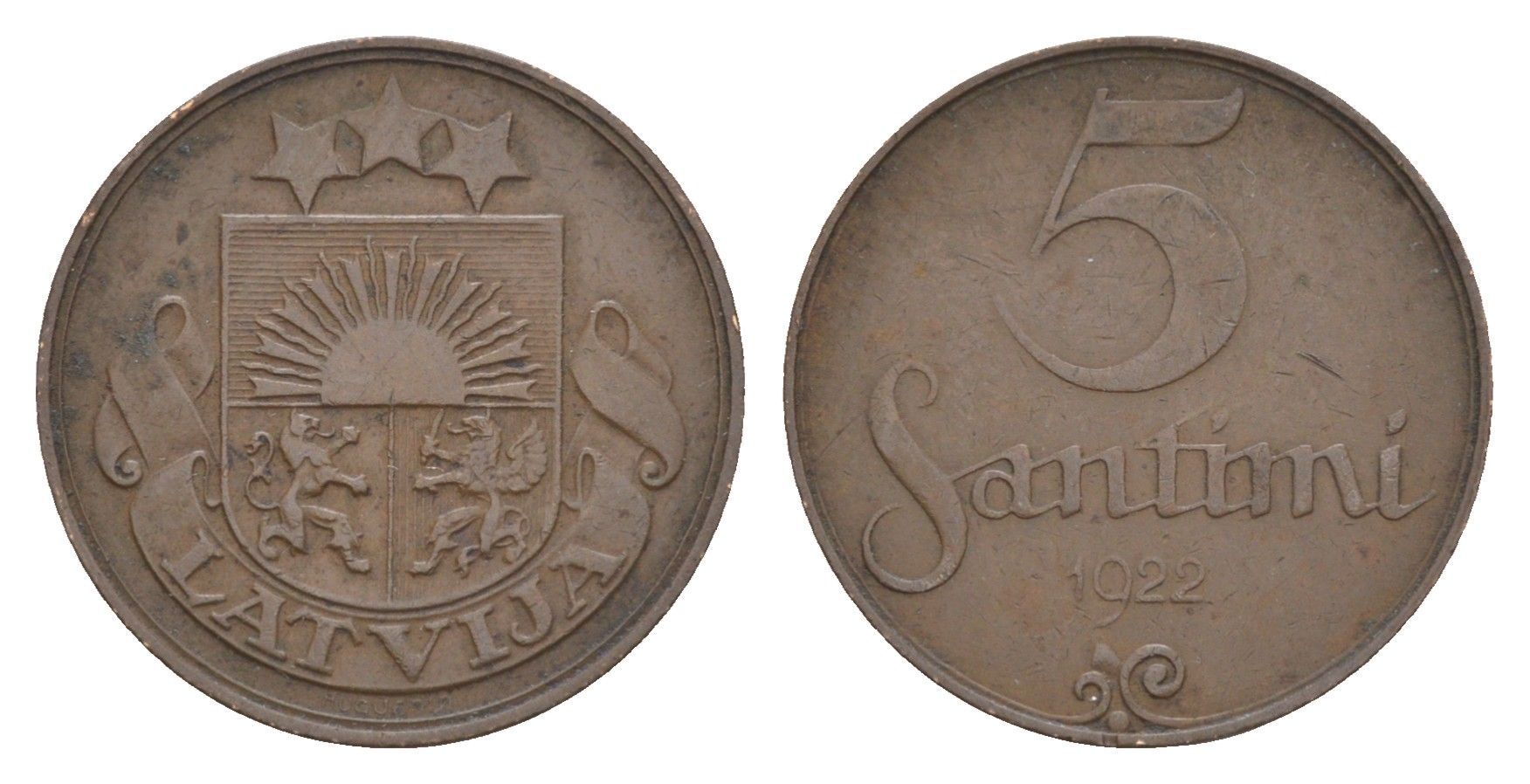 Латвия 5 сантимов 1922 KM 3 бронза 4658-1153