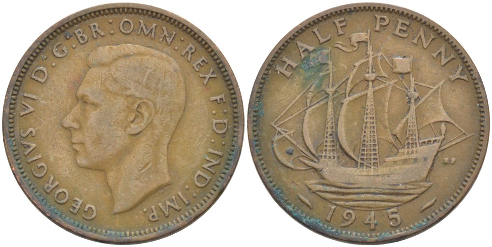 Великобритания 1/2 пенни 1945 Георг VI (1936-1952) KM 844, Spink 4115 бронза 3459-214