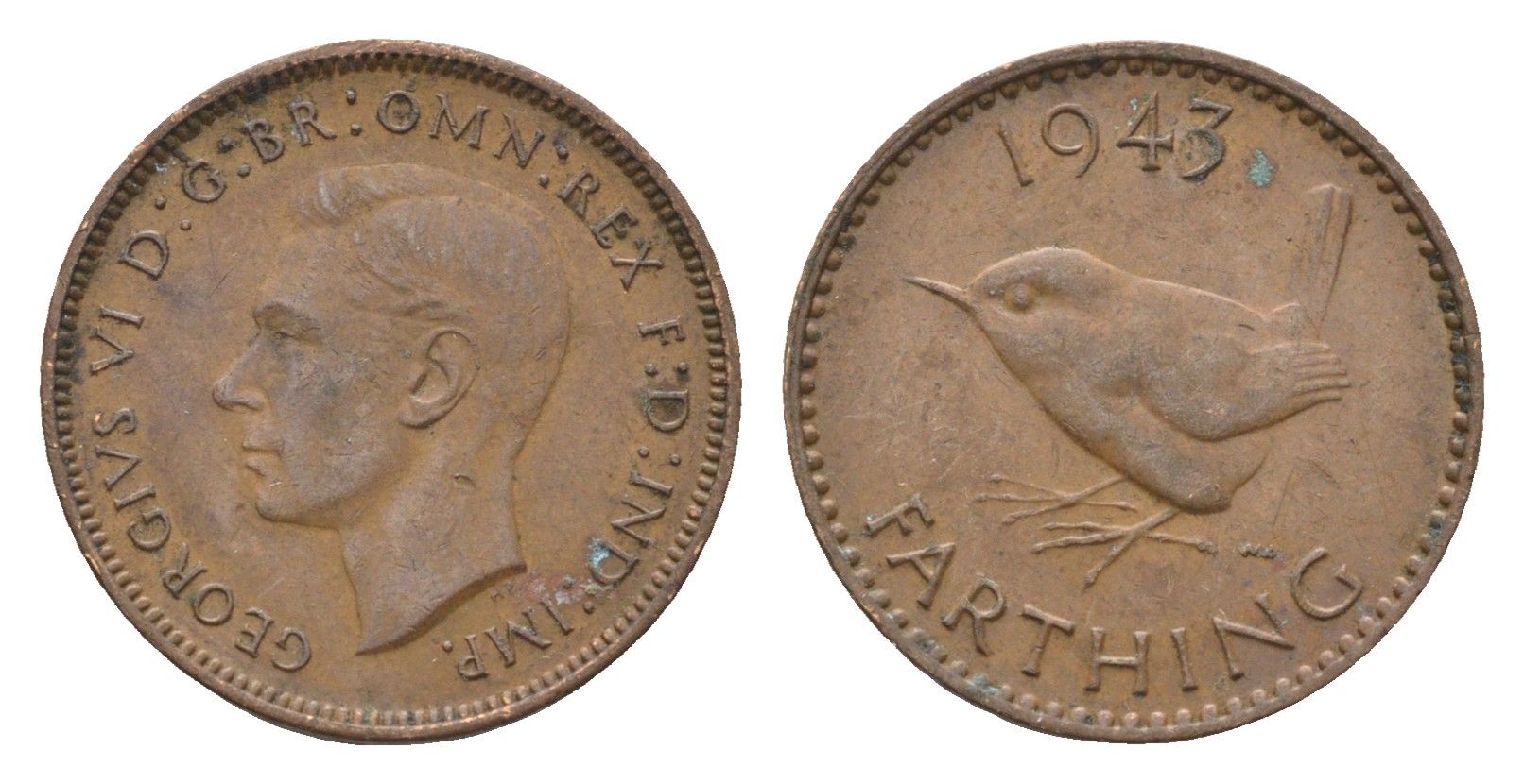 Великобритания 1 фартинг 1943 Георг VI (1936-1952) KM 843, Spink 4116 бронза 4664-342