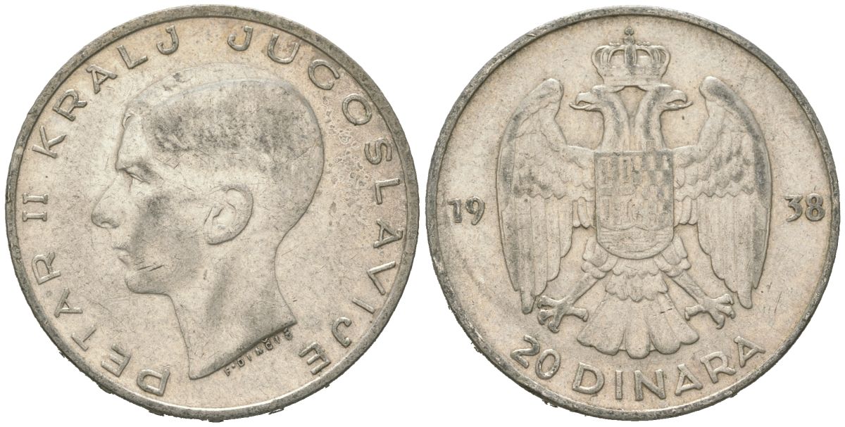 Югославия 20 динаров 1938 Петр II (1934-1945) KM 23 серебро 4182-336
