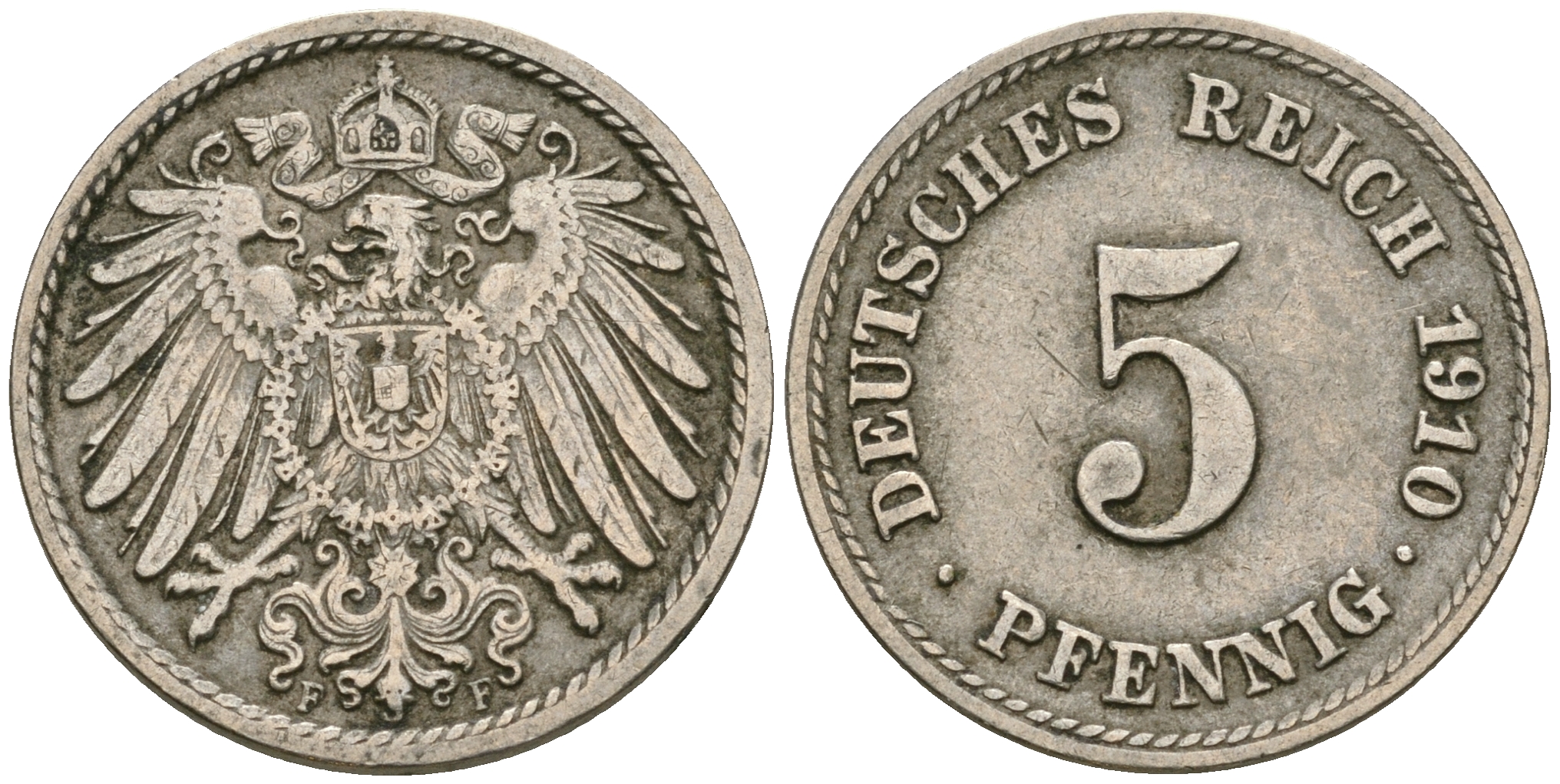 Германия 5 пфеннигов 1910 F KM 11, Jager 12, Weege 6 медно-никель 4608-931