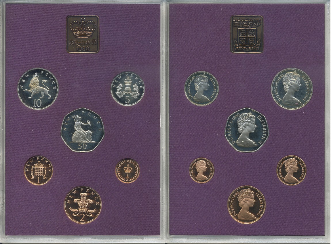 Великобритания набор из 6 монет + жетон монетного двора 1980 в оригинальной упаковке с сертификатом KM PS 36 PROOF 7-4-79