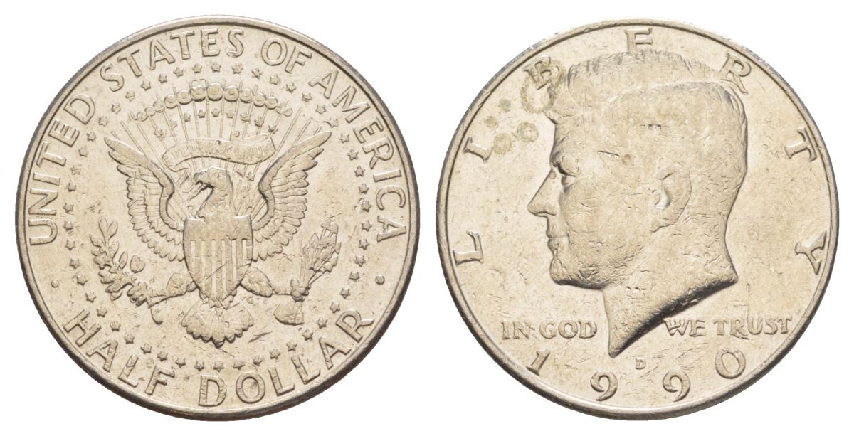 США 1/2 доллара (50 центов) 1990 D, Джон Кеннеди KM A202b медь плакированная медно-никелем aUNC 4367-1026