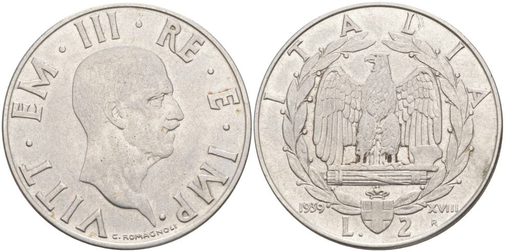 ИТАЛИЯ 2 ЛИРЫ 1939 R, ГОД XVIII, ВИКТОР ЭММАНУИЛ III (1900-1946), немагнитная, ГУРТ РИФЛЁНЫЙ KM78a, VEM3. 1153 a) нержавеющая сталь 3855-232