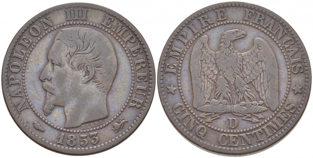 ФРАНЦИЯ 5 САНТИМОВ 1853 D, НАПОЛЕОН III (1852-1870) KM 777.4, LE FRANC 116.4 бронза 4448-1213