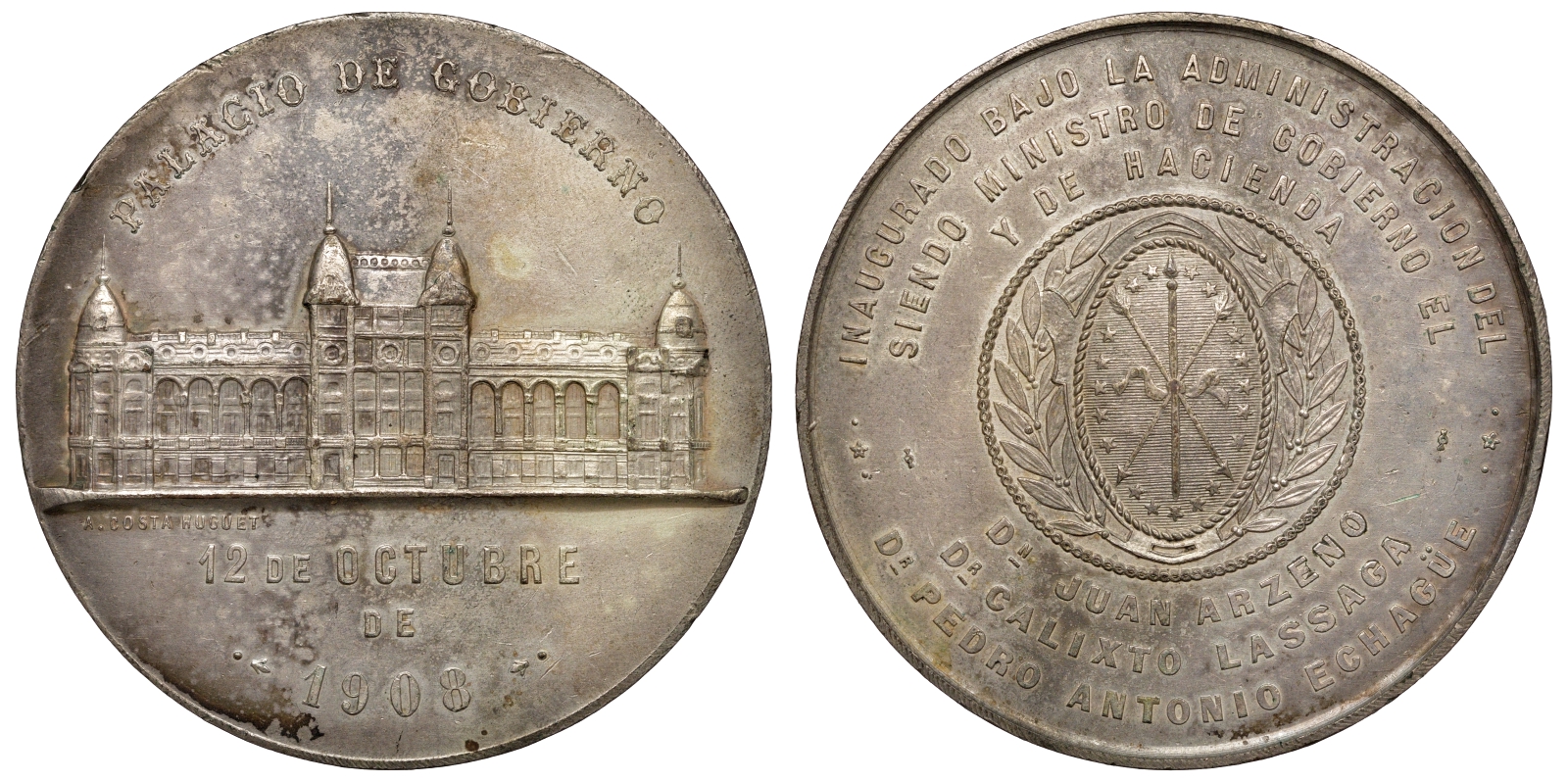 Аргентина медаль 1908 дворец парламента, 66,5 мм, 129,5 гр посеребрение, бронза 1069-7-11