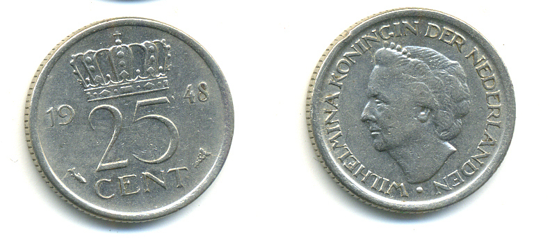 НИДЕРЛАНДЫ 25 ЦЕНТОВ 1948 ВИЛЬГЕЛЬМИНА KM 178 никель 83-1016