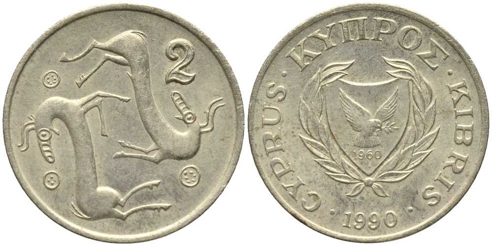 КИПР 2 ЦЕНТА 1990 КОЗЛЫ KM 54.2 никель латунь 112-762