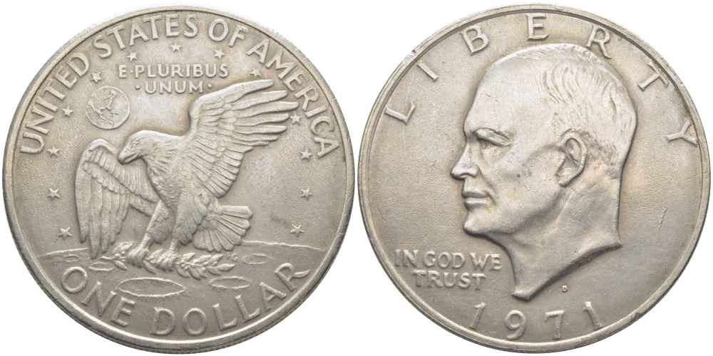 США 1 доллар 1971 D, Президент Эйзенхауэр, лунный орел KM 203 медь плакированная медно-никелем 79-913