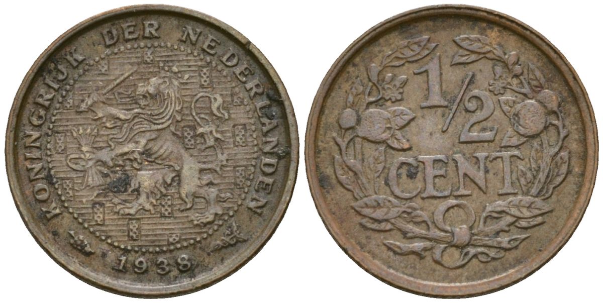 Нидерланды 1/2 цента 1938 Вильгельмина (1890-1948) KM 138 бронза 4169-457
