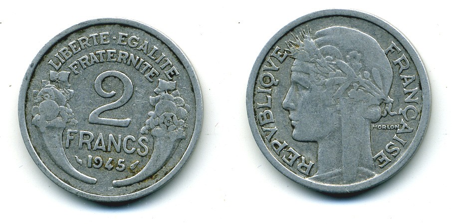 ФРАНЦИЯ 2 ФРАНКА 1945 KM 886а.1 алюминий 84-612