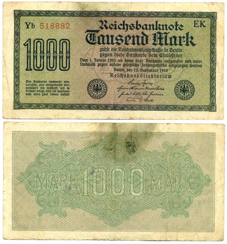 ГЕРМАНИЯ 1000 МАРОК 1922 15 СЕНТЯБРЯ 1922, ВОДЯНОЙ ЗНАК H, БЕЛАЯ БУМАГА Pick 76f бумага 444-4-1