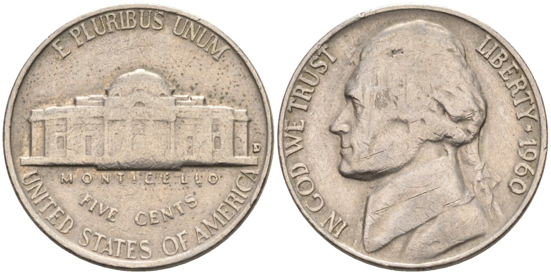 США 5 центов 1960 D, Джефферсон KM А192 медно-никель 92-1042