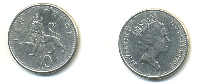 Великобритания 10 пенсов 1992 Елизавета II (1952-2022) KM 938b, Spink 4367 (F4) медно-никель 59-444