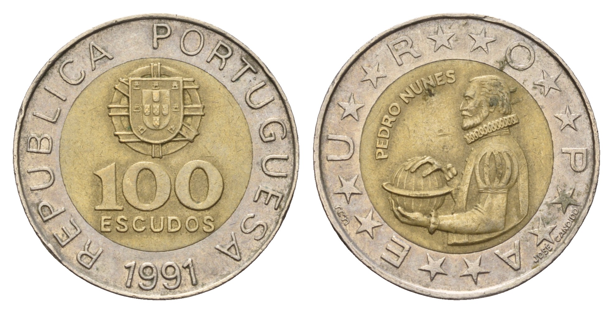 Португалия 100 эскудо 1991 Педру Нуниш (1502-1578), математик KM 645.1 биметалл 4681-352