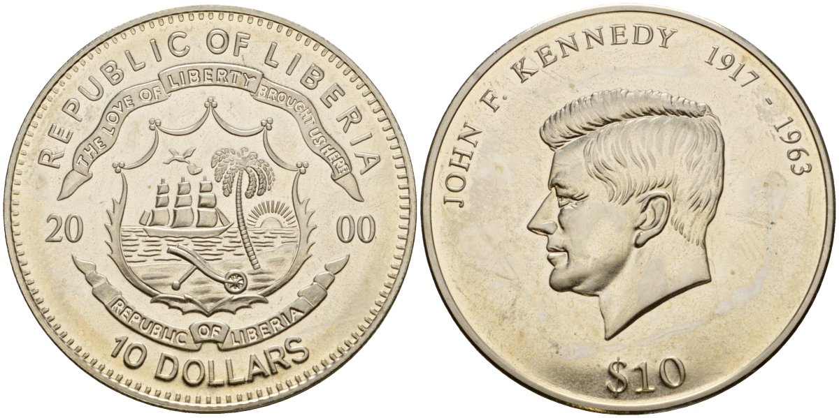 Либерия 10 долларов 2000 37 лет со дня смерти Джона Кеннеди UC 107 медно-никель UNC 3897-1121