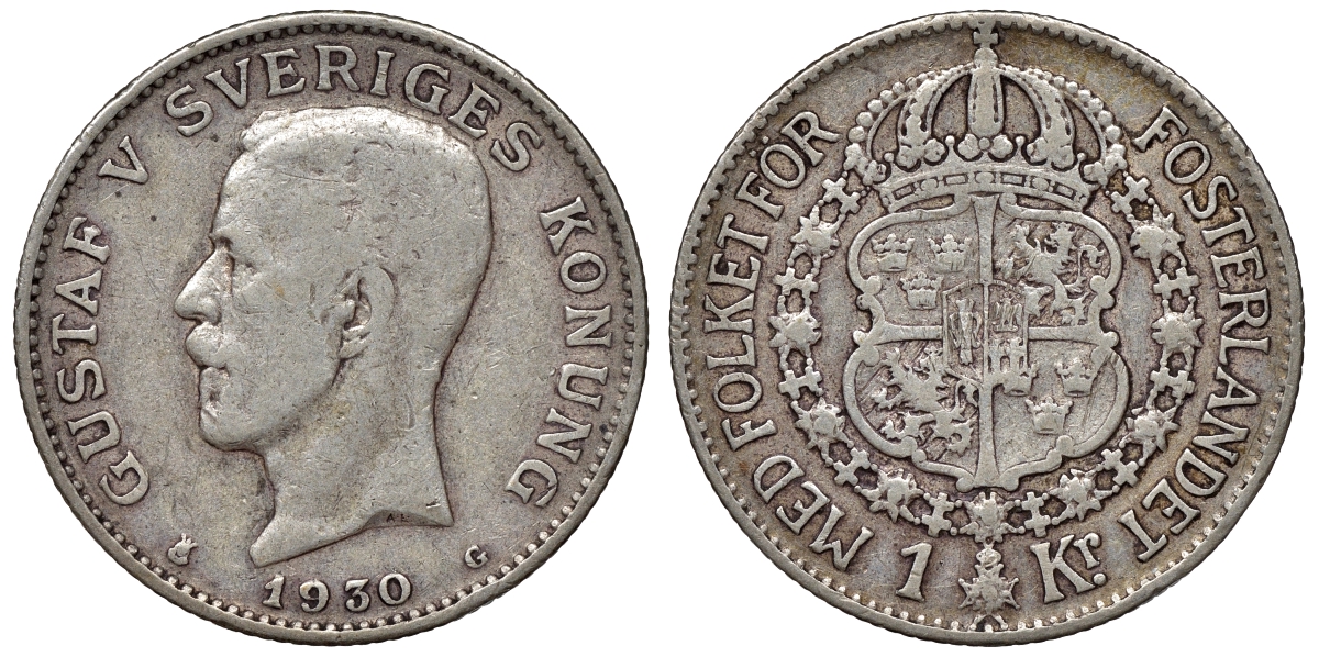 Швеция 1 крона 1930 G, Густав V (1907-1950) KM 786.2 серебро 4116-712
