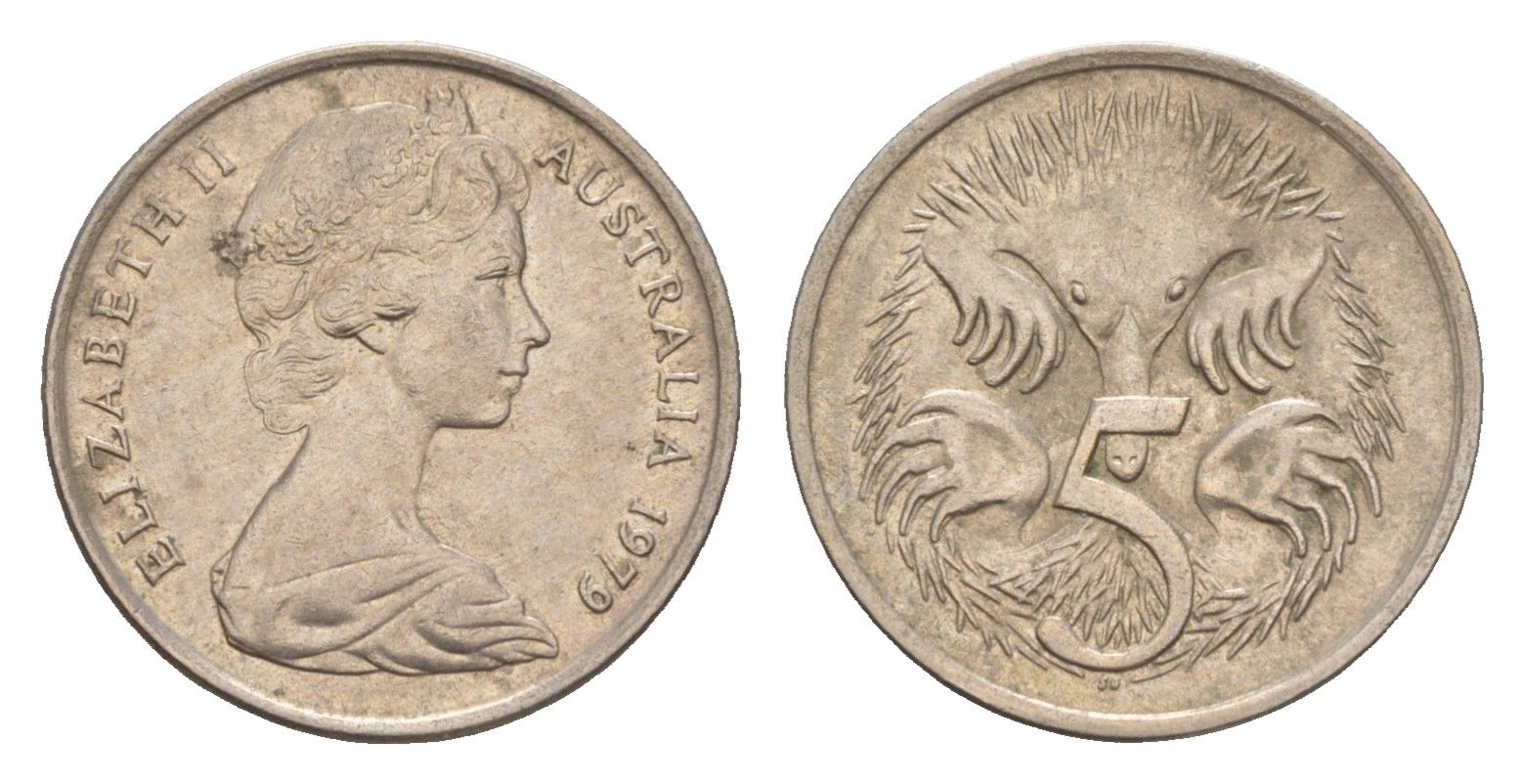 Австралия 5 центов 1979 Елизавета II (1952-2022) молодой портрет, ехидна KM 64 медно-никель 4655-1267