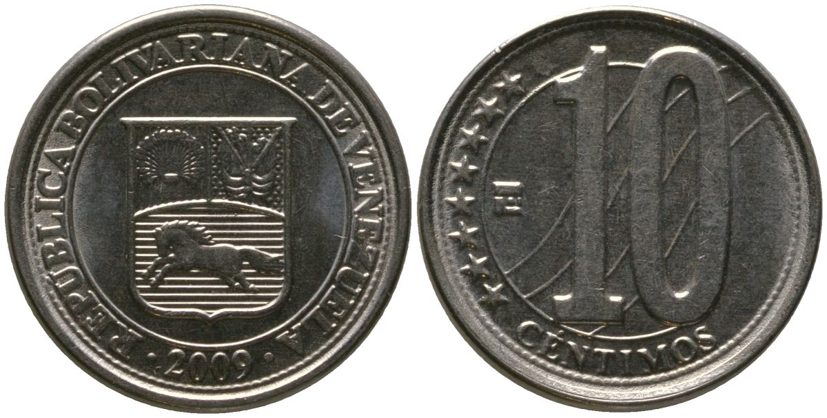 Венесуэла 10 сентимо 2009 KM 89, Schon 102 сталь плакированная никелем 4576-836