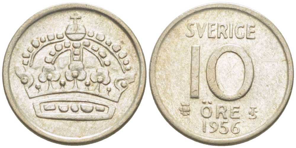 Швеция 10 эре 1956 TS, Густав VI Адольф (1950-1973) KM 823 серебро 116-1215