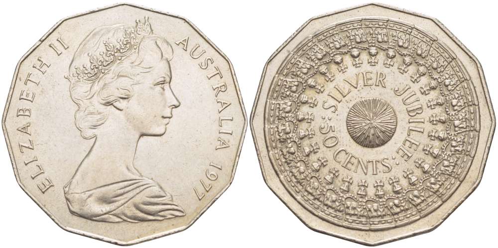 АВСТРАЛИЯ 50 ЦЕНТОВ 1977 СЕРЕБРЯННЫЙ ЮБИЛЕЙ, 25 ЛЕТ ПРАВЛЕНИЯ, ЕЛИЗАВЕТА II (1953-) МОЛОДОЙ ПОРТРЕТ KM 70 медно-никель 4184-1035