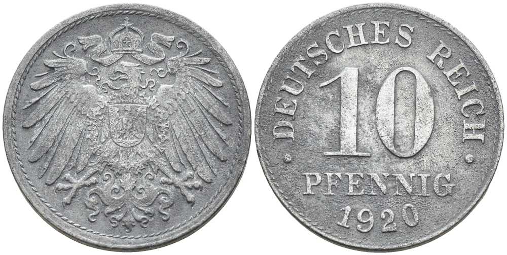 ГЕРМАНИЯ 10 ПФЕННИГОВ 1920 KM 26, J. 299 цинк 4401-144