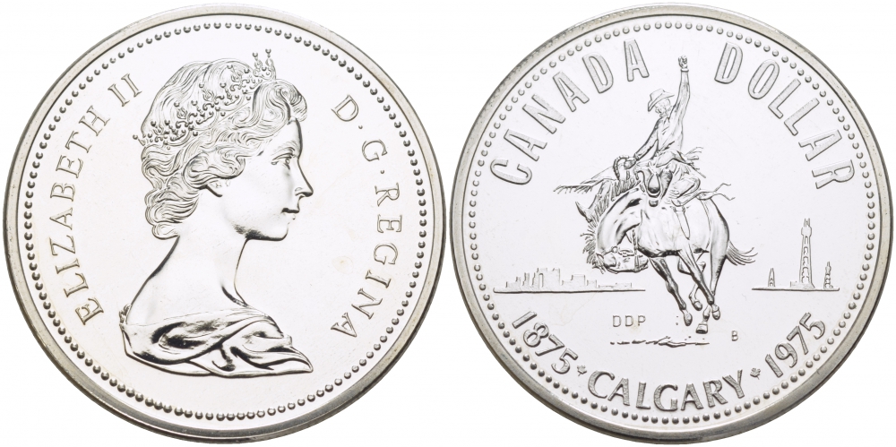 Канада 1 доллар 1975 100 лет Калгари (1875-1975), родео на лошадях, ковбой KM 97 серебро UNC 1082-2-33