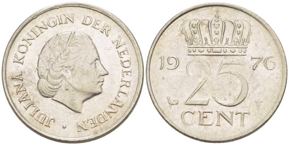 НИДЕРЛАНДЫ 25 ЦЕНТОВ 1976 ЮЛИАНА (1948-1980) KM 183 никель 214-1112
