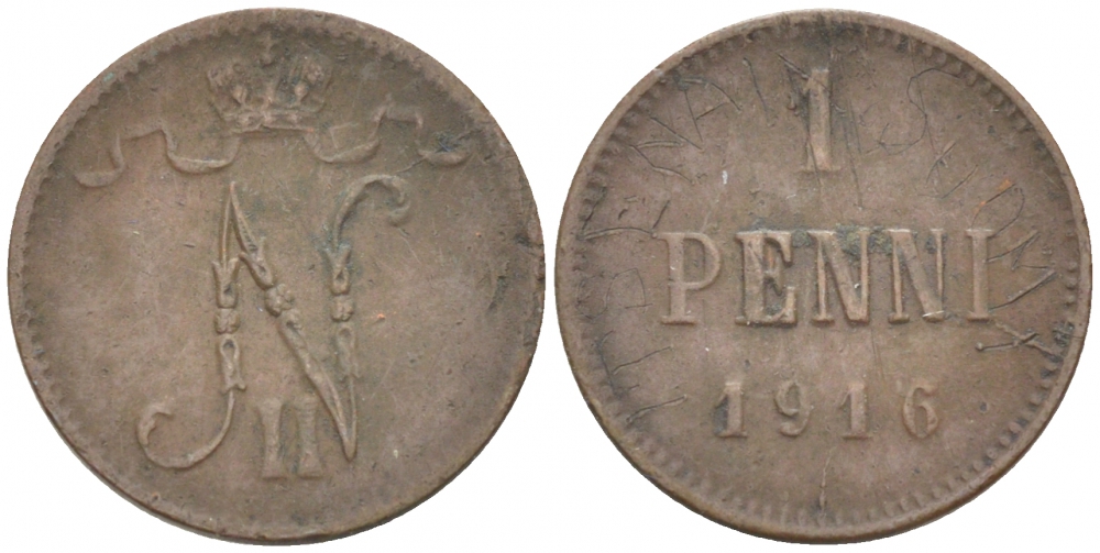 РОССИЯ ДЛЯ ФИНЛЯНДИИ 1 ПЕННИ 1916 НИКОЛАЙ II (1895-1917) KM 13, Биткин 476 медь 211-1034