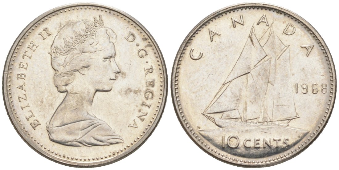Канада 10 центов 1968 Елизавета II, парусник, ФИЛАДЕЛЬФИЯ KM 73 никель aUNC 188-147
