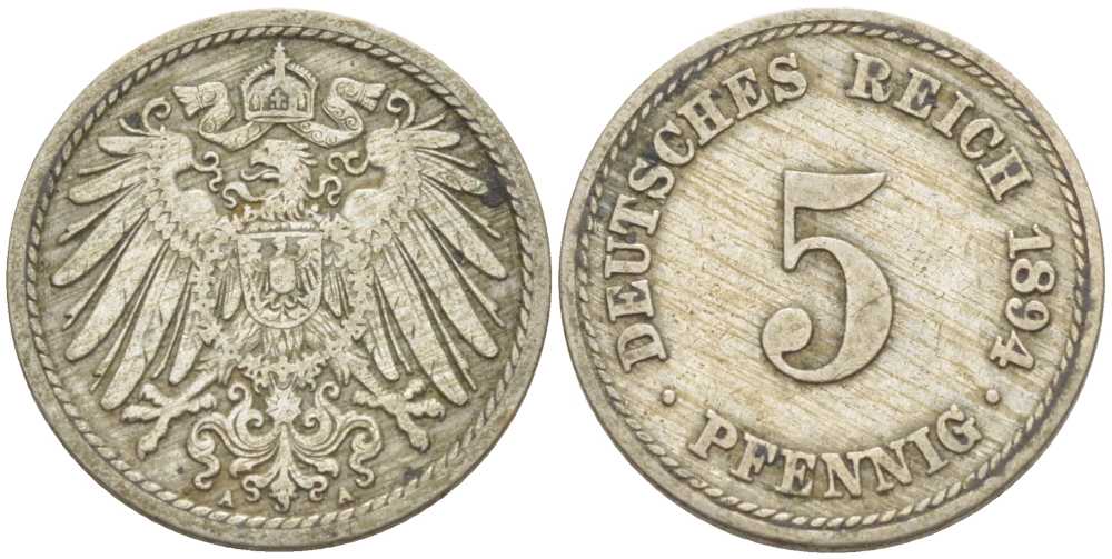 ГЕРМАНИЯ 5 ПФЕННИГОВ 1894 A KM 11, J. 12, Weege 6 медно-никель 206-913