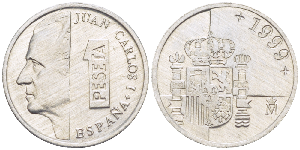ИСПАНИЯ 1 ПЕСЕТА 1999 ХУАН КАРЛОС I ( 1975-) KM 832 алюминий 4181-1059