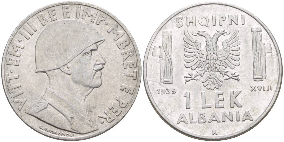 Албания 1 лек 1939 R, год XVIII, Итальянская оккупация, вторая мировая KM 31 нержавеющая сталь 4179-226