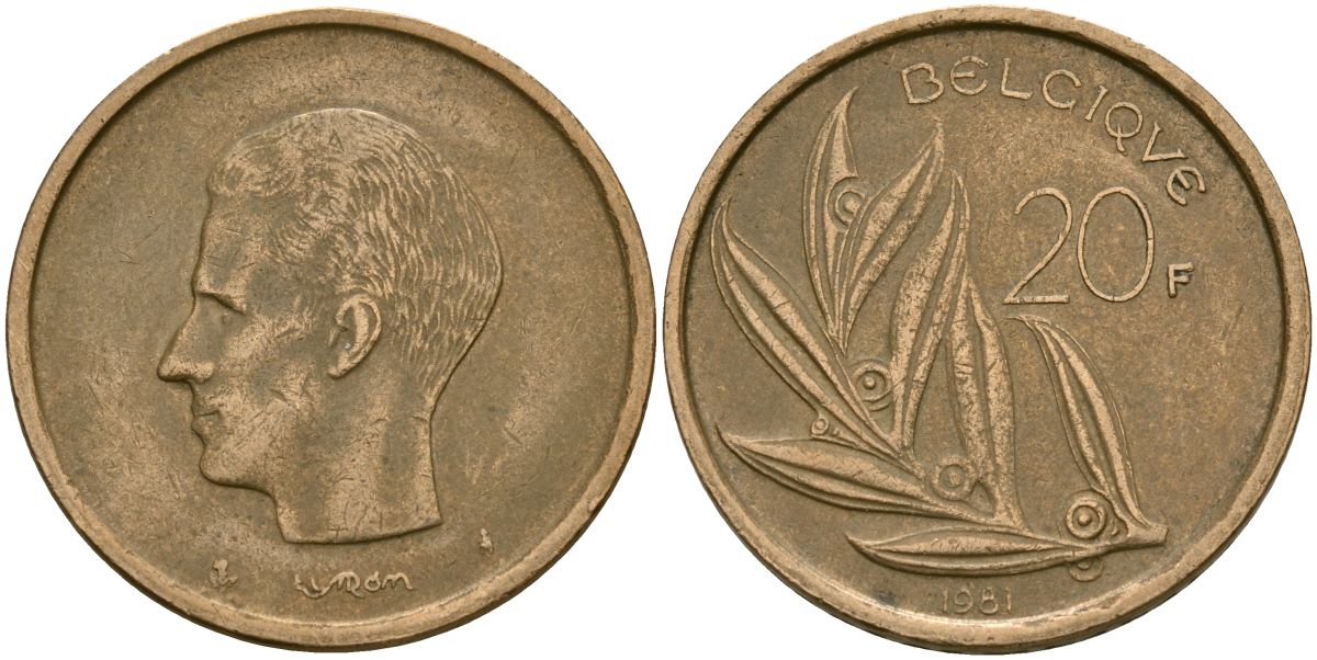 Бельгия 20 франков 1981 Belgique, Бодуэн I (1951-1993) KM 159 никель бронза 4120-1121