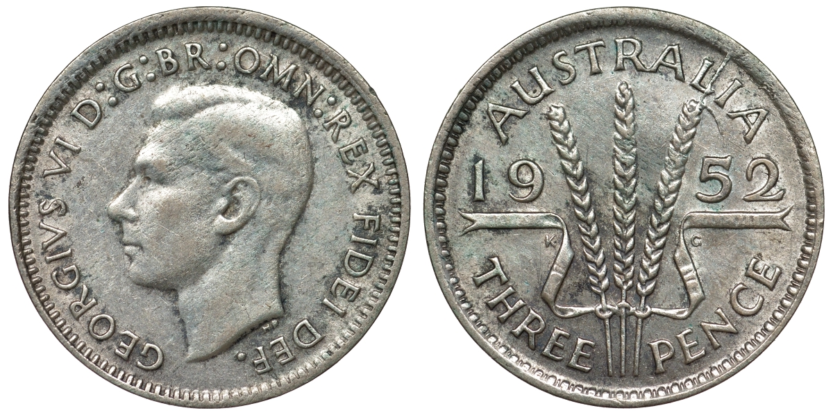 Австралия 3 пенса 1952 m, Георг VI (1937-1952), без букв KM 44 серебро 71-362