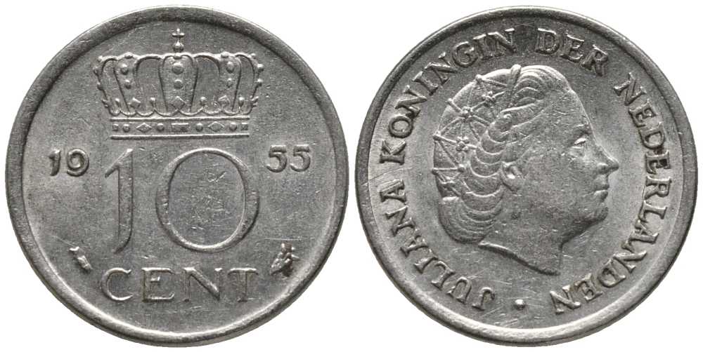Нидерланды 10 центов 1955 Юлиана (1949-1980) KM 182 никель 112-733