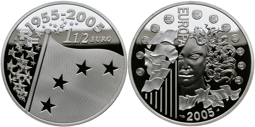 Франция 1 1/2 евро 2005 50 лет флагу объединенной Европы (1955-2005) KM 1434 серебро PROOF 1095-3-54