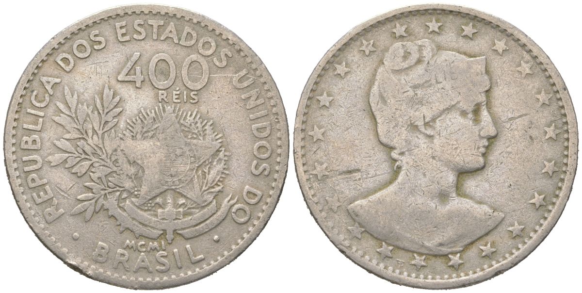 Бразилия 400 реалов 1901 MCMI, голова свободы вправо KM 505 медно-никель 4612-517