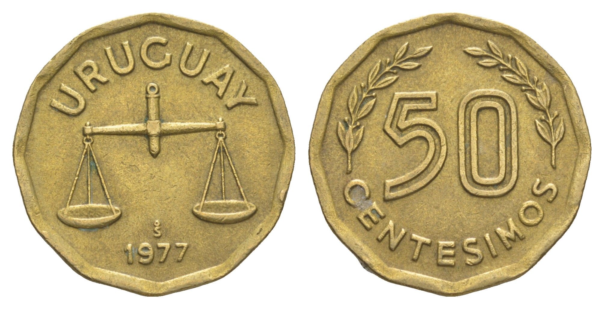 Уругвай 50 сентесимо 1977 KM 68 алюминиевая бронза 4637-724