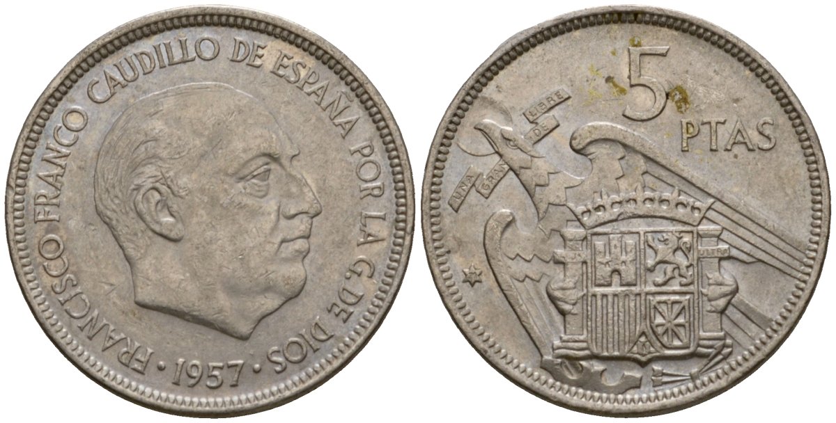 Испания 5 песет 1957 (71) Франсиско Франко (1939-1975) KM 786 медно-никель 186-711