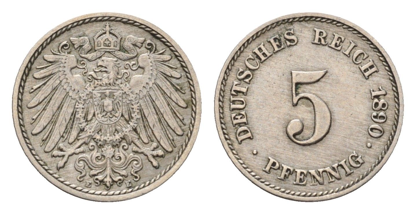 Германия 5 пфеннигов 1890 E, Вильгельм II (1888-1918) KM 11, J. 12 медно-никель 54-414