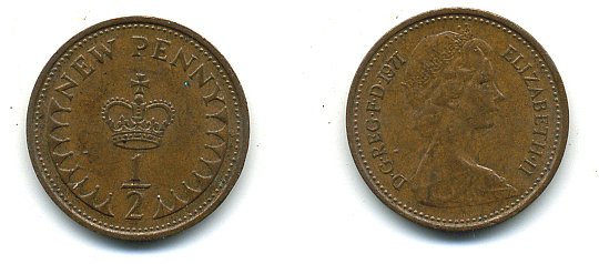 Великобритания 1/2 пенни 1971 Елизавета II (1952-2022) КМ 914, Spink 4239 бронза 4110-1642