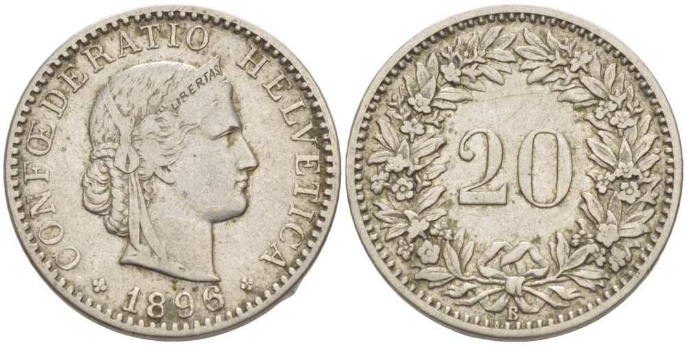 ШВЕЙЦАРИЯ 20 РАППЕНОВ 1896 В KM 29 никель 4513-241
