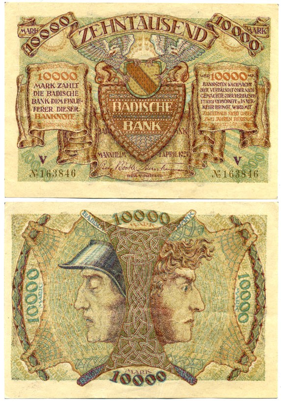 МАНГЕЙМ 10000 МАРОК 1923 НОТГЕЛЬД, 1 АПРЕЛЯ 1923, ЗЕМЛЯ БАДЕН-ВЮРТЕМБЕРГ бумага 7146-20-1-1