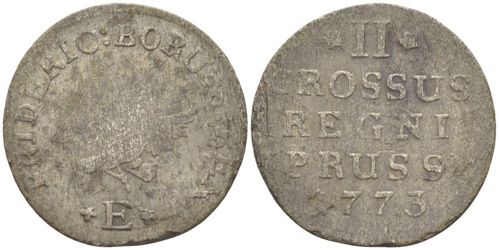 Польша, Восточная Пруссия 2 гроша 1773 Е, Фридрих II Прусский (1740-1786), вес 1,38 гр., монетный двор Кенигсберг KM 14 серебро 1517-1224