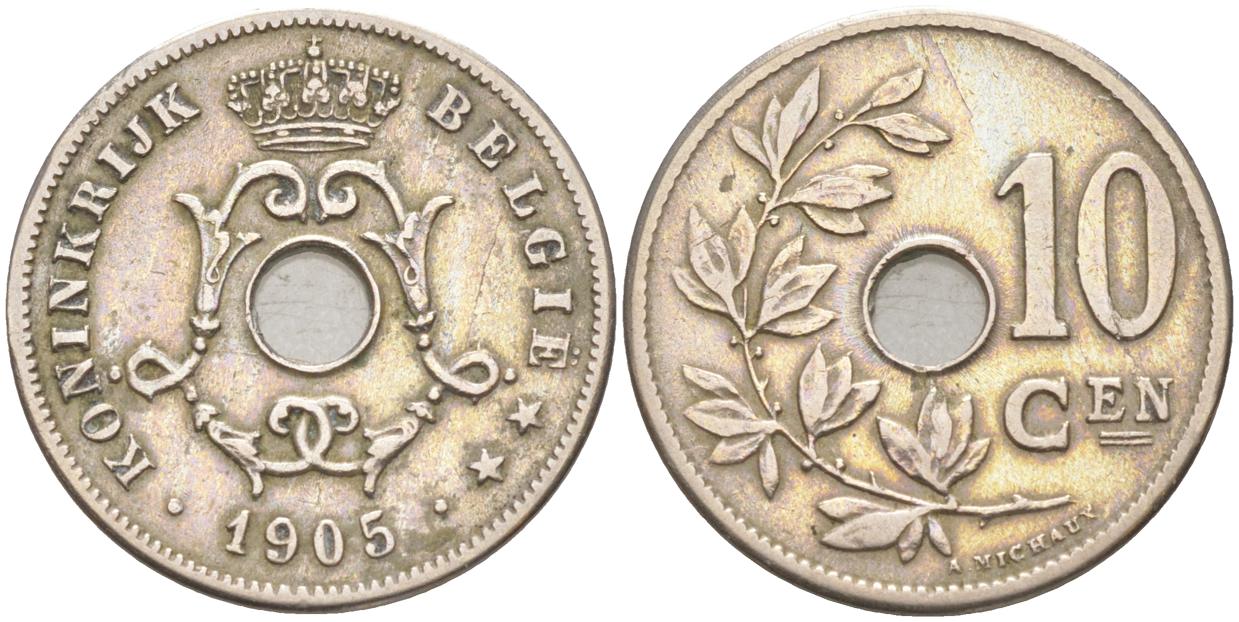 БЕЛЬГИЯ 10 САНТИМОВ 1905 BELGIE KM 53 медно-никель 106-653