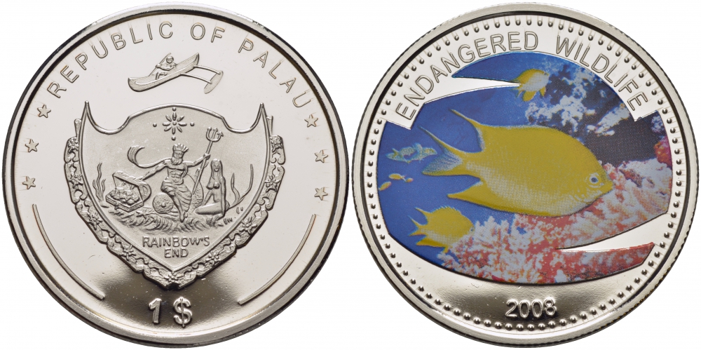 Палау 1 доллар 2008 серия вымирающие виды, амблиглифидодон лимонный (Amblyglyphidodon aureus), цветная эмаль KM 210 медно-никель PROOF 1071-10-34 M10-13