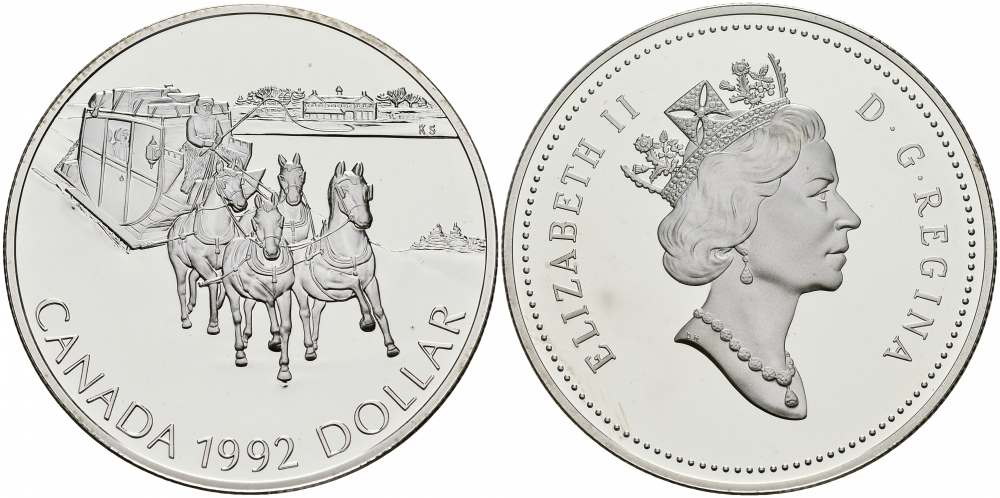 Канада 1 доллар 1992 зимний дилижанс КМ 210 серебро PROOF 1087-1-64