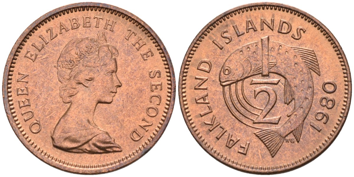 Фолклендские острова 1/2 пенни 1980 Елизавета II (1952-2022), лосось KM 1 бронза UNC 4580-125